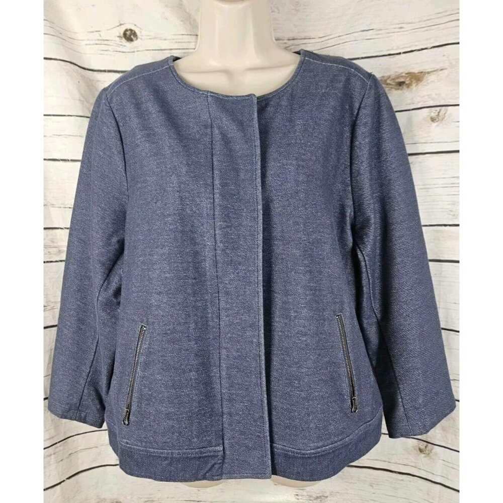 J Jill Indigo Stretch Knit Bomber Jacket XL Womens Full Zip Snap Cotton Blend